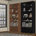 Brown and Black Bookcases with Books Photo Frames and Decorations in Room with Window Blinds
