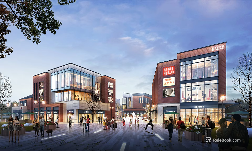 Evening Bustling Commercial Street With Glass Facade Red Brick Buildings And Pedestrians 3d model 