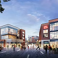 Evening Bustling Commercial Street With Glass Facade Red Brick Buildings And Pedestrians