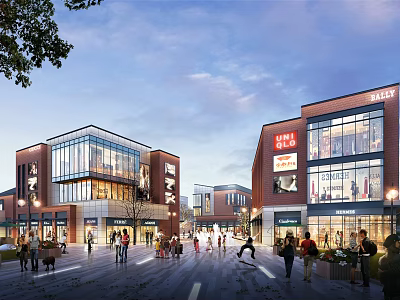 Evening Bustling Commercial Street With Glass Facade Red Brick Buildings And Pedestrians 3d model