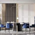 Elegant Modern Dining Set With Round Table Blue Chairs And Paneled Walls 3d model