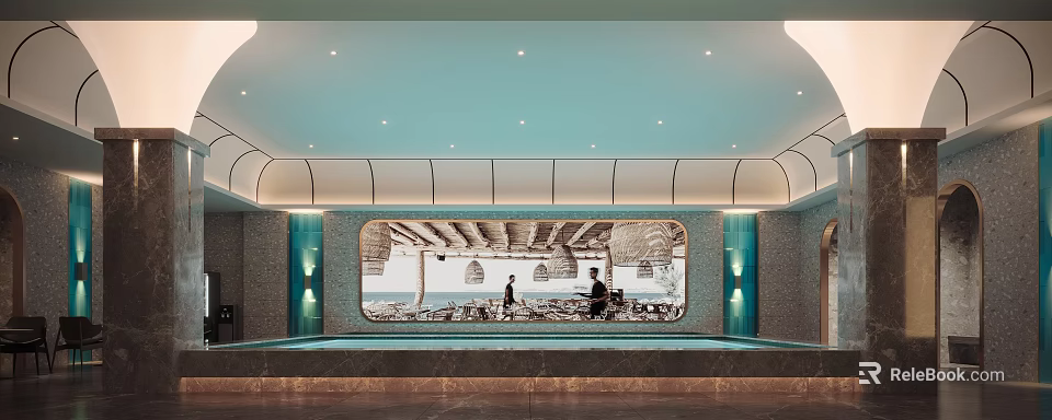 Luxurious SPA Sauna Space With Pool Ambient Lighting And Art 3d model 