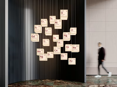 Artistic Modern Sculpture With Periodic Table Element Symbols On Wall In Hall 3d model
