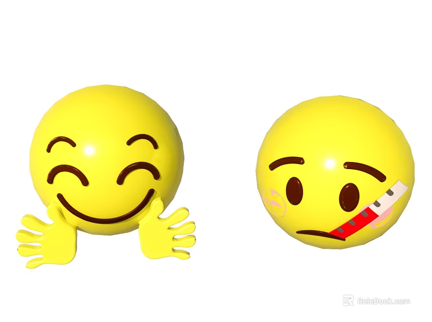 Yellow Emoji Balls Showing Happy Smiling Face And Sad Expression With Red Bandage 3d model 