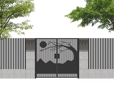 Building Exterior Wall Featuring Black Wrought Iron Gate Decorative Patterns Striped Panels And Green Trees 3d model