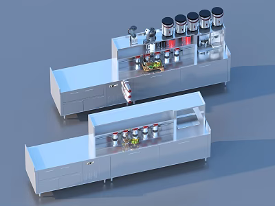 Commercial Kitchen Stainless Steel Workstations With Storage Cabinets And Spice Containers Modern Design 3d model