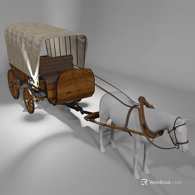 Traditional Horse-Drawn Carriage With Canvas Canopy Wooden Frame Wheels Seat And Harness 3d model 