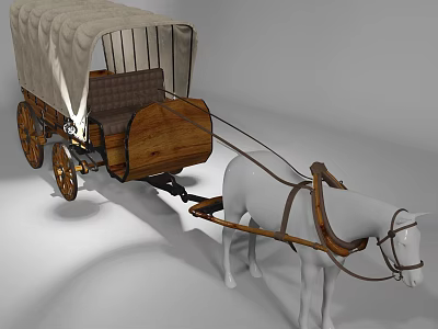 Traditional Horse-Drawn Carriage With Canvas Canopy Wooden Frame Wheels Seat And Harness 3d model