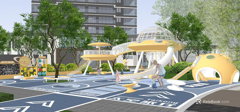 Colorful Kids Play Area With Yellow Slides Parents Kids Trees And Modern Buildings Background 3d model 