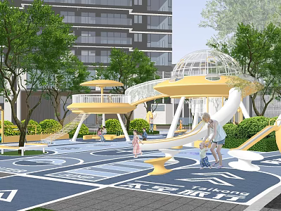 Colorful Kids Play Area With Yellow Slides Parents Kids Trees And Modern Buildings Background 3d model
