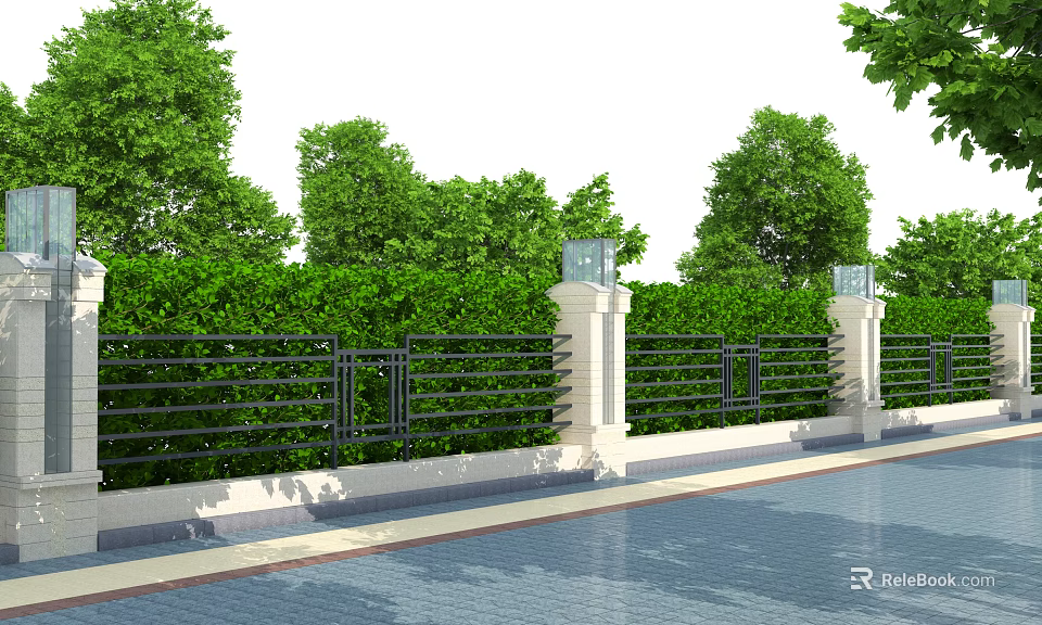 Black Metal Fence With White Pillars And Green Trees Along Blue Brick Pavement 3d model 