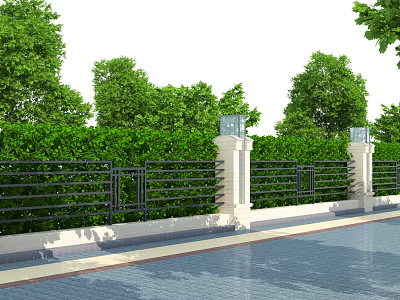 Black Metal Fence With White Pillars And Green Trees Along Blue Brick Pavement 3d model