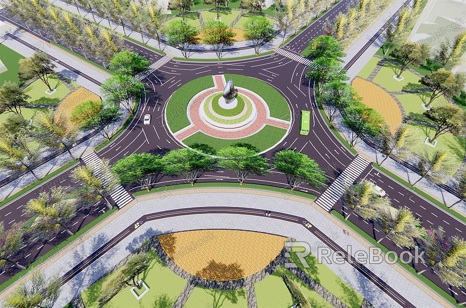 Modern road roundabout traffic large turntable traffic diversion cross road carriageway sidewalk runway road marking road landscape and planning model