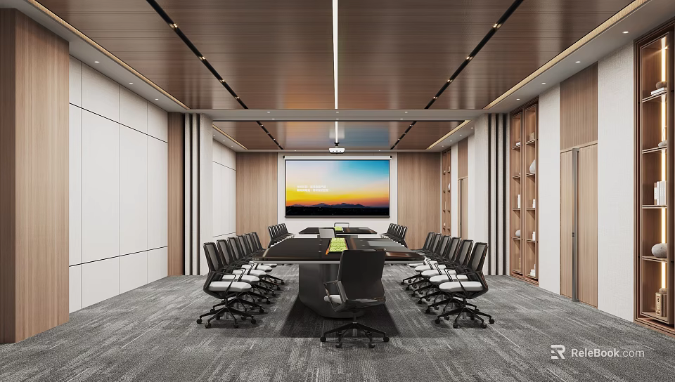 Modern Conference Room Interior With Long Table Comfortable Chairs Large Screen And Modern Lighting 3d model