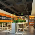 Modern Industrial Restaurant Interior With Wooden Tables Chairs Orange Partitions And Green Plants