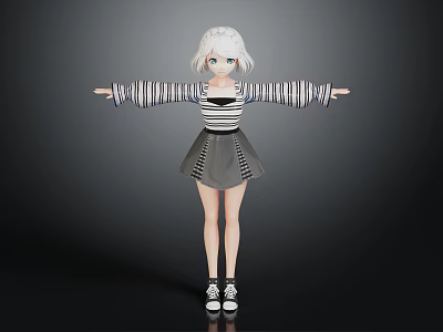 3D Model Character With White Short Hair Striped Long Sleeve Top Gray Skirt And Sneakers 3d model