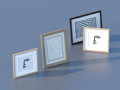 Multiple Framed Abstract Paintings With Minimalist Lines And Different Frames For Home Decor 3d model