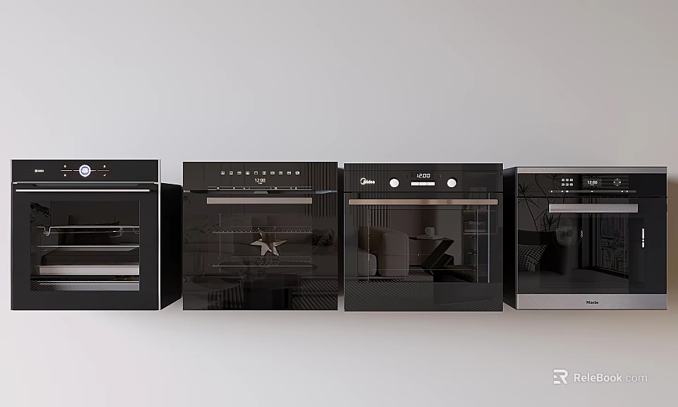 Four Black Ovens Arranged Side by Side as Modern Kitchen Appliances 3d model 