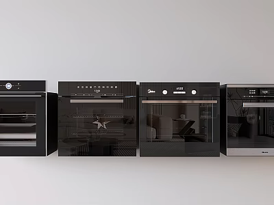 Four Black Ovens Arranged Side by Side as Modern Kitchen Appliances 3d model