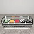 Modern Display Showcase Shelf With Curved Glass Door Colorful Items And Bottom Vents