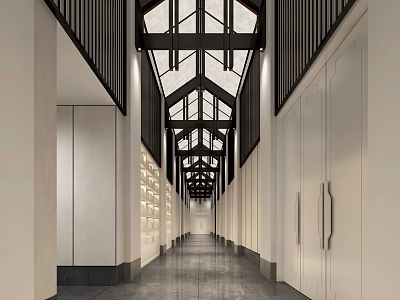 Contemporary Hotel Corridor Interior With Glass Ceiling White Cabinets Sleek Floor And Natural Lighting 3d model