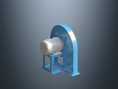 Industrial Centrifugal Fan With Blue Casing And Silver Motor On Support Stand 3d model