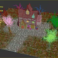 Cartoon Scenic Fairy Tale House With Red Spire Green Trees And Gravel Path