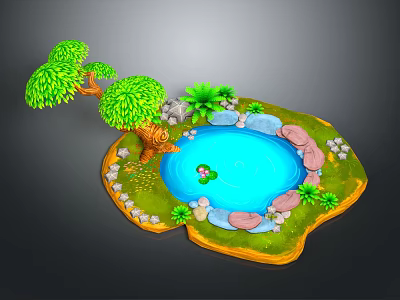Cartoon Scene Of Small Island With Blue Pond Frog Green Trees And Stones 3d model