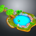 Cartoon Scene Of Small Island With Blue Pond Frog Green Trees And Stones