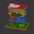 Traditional Market Stall Building With Red Tiled Roof Hanging Containers And Arranged Produce