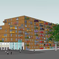 Modern Architectural Building With Wooden Facade Glass Structure And Cantilevered Balconies Greenery Pedestrians And Cars