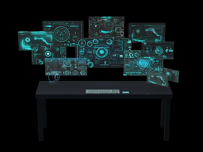 Hi tech Computer Workspace With Holographic Screens Keyboard And Digital Interface Displays 3d model