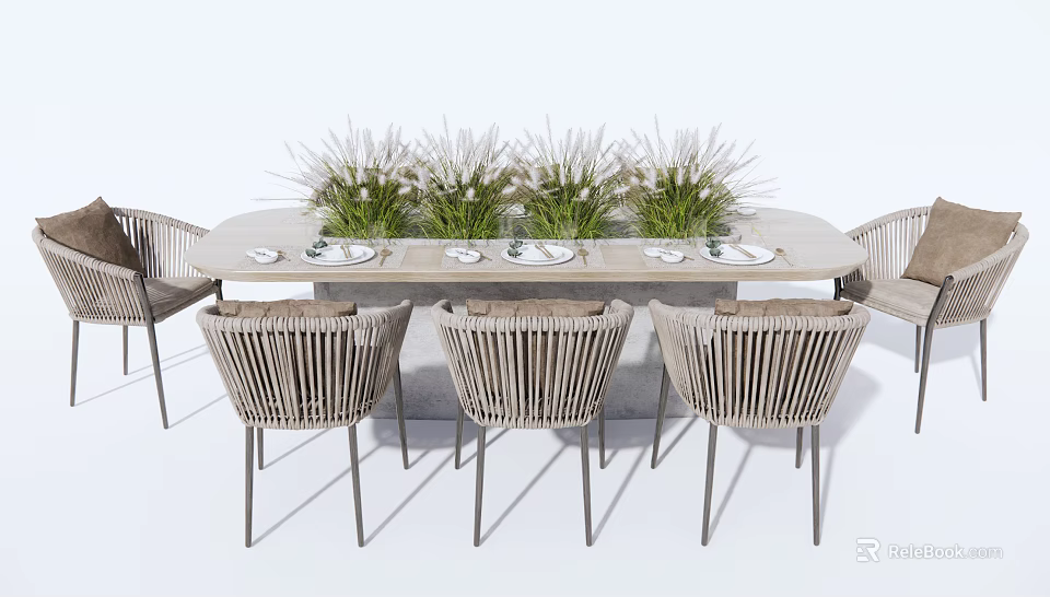Modern Dining Table Set With Rattan Chairs Green Plants And Place Settings 3d model 