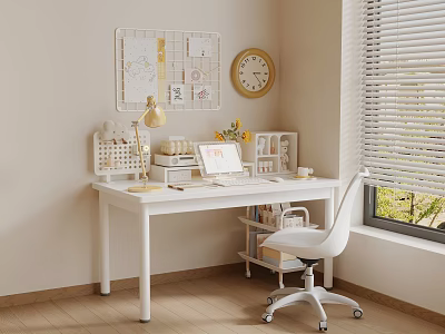 Cozy White Desk Workspace With Laptop Desk Lamp Clock Bulletin Board And Blinds 3d model