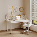 Cozy White Desk Workspace With Laptop Desk Lamp Clock Bulletin Board And Blinds