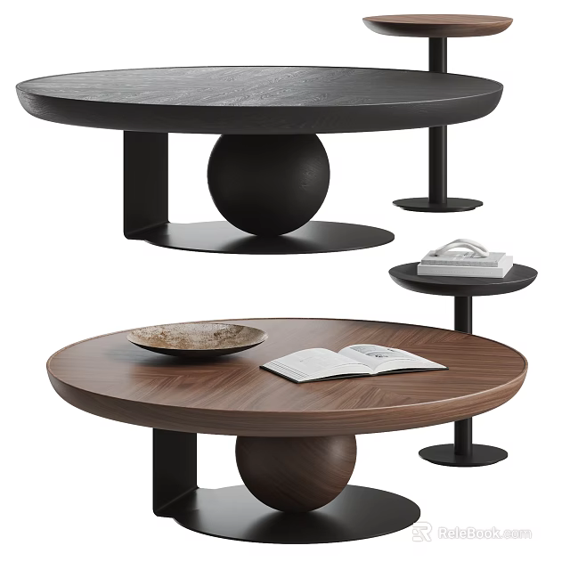 Modern Wooden And Black Coffee Tables With Spherical Base Featuring Bowl And Open Book 3d model 