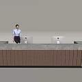 Front Desk Reception With Standing Staff Two Computers And Cloud Shaped Sculpture Brown Gray Striped Design