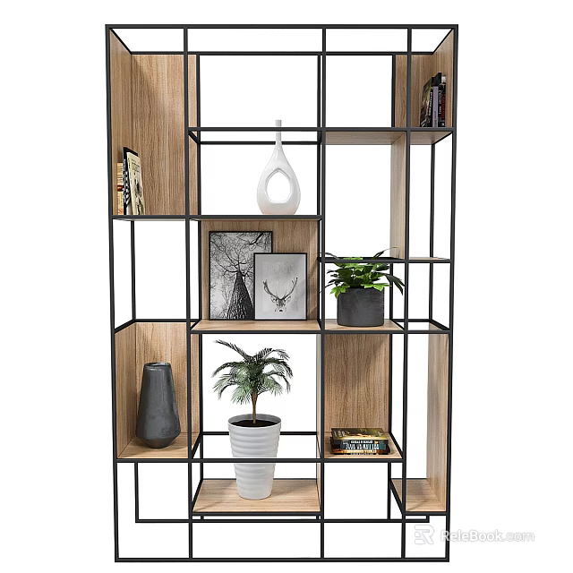 Open Shelving Unit With Wooden Panels Black Metal Frame Decorative Plants Photo Frames And Books 3d model 