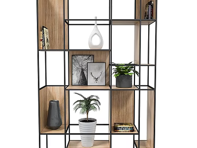 Open Shelving Unit With Wooden Panels Black Metal Frame Decorative Plants Photo Frames And Books 3d model