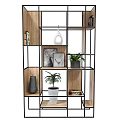 Open Shelving Unit With Wooden Panels Black Metal Frame Decorative Plants Photo Frames And Books