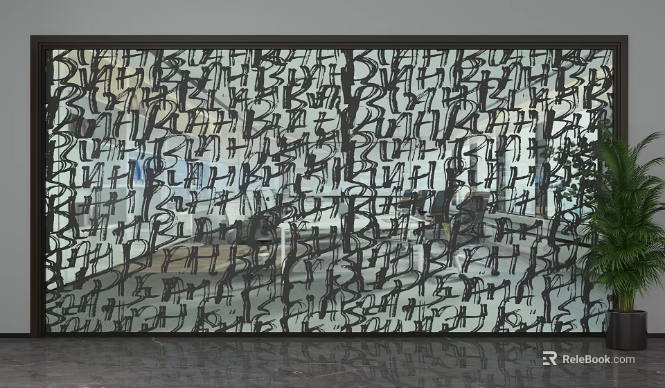 Modern Interior Feature Wall With Abstract Black Graffiti Patterns And Reflective Floor 3d model 