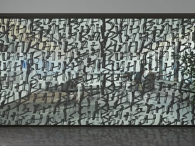 Modern Interior Feature Wall With Abstract Black Graffiti Patterns And Reflective Floor 3d model