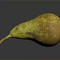 Ripe Yellowish Green Pear with Brown Spots on Dark Surface Showing Natural Texture and Reflection