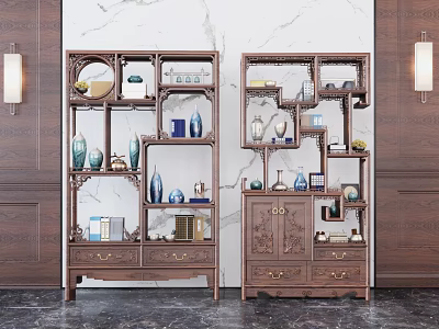Traditional Chinese Wooden Curio Cabinets Decorated with Vases Teacups and Ornaments 3d model
