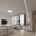 Modern Duplex Living Room Interior With High Ceiling Pendant Lights And Large Windows