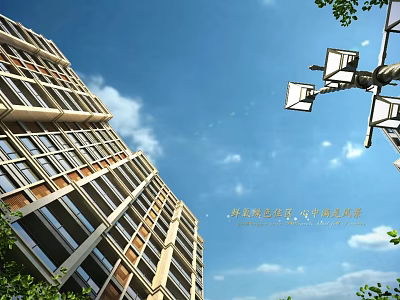 Modern High Rise Residential Building With Blue Sky White Clouds Green Trees And Street Lamps 3d model