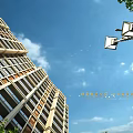 Modern High Rise Residential Building With Blue Sky White Clouds Green Trees And Street Lamps