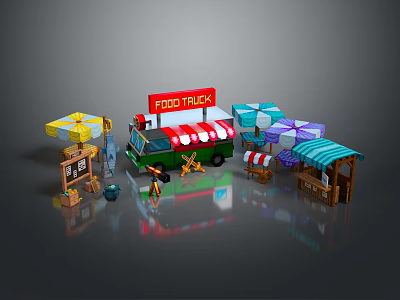 Colorful Food Truck Scene With Red Green Vehicle Umbrellas Vendor Stalls And Menu Signs 3d model