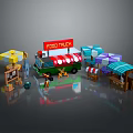 Colorful Food Truck Scene With Red Green Vehicle Umbrellas Vendor Stalls And Menu Signs