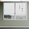 White Double Doors Window With Mountain View And Hanging Bulb Pendant Lights 3d model